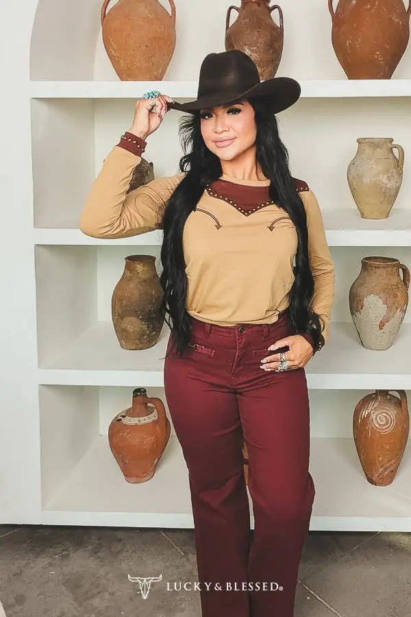 Khaki Studded Western Yoke Long Sleeve Top - Imperfectly Perfect Boutique