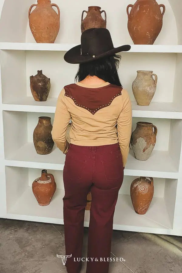 Khaki Studded Western Yoke Long Sleeve Top - Imperfectly Perfect Boutique