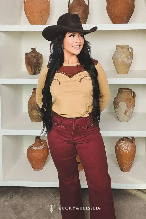 Khaki Studded Western Yoke Long Sleeve Top - Imperfectly Perfect Boutique