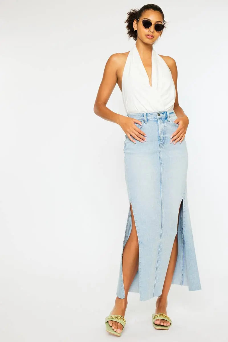 “Tess” Denim Maxi Skirt Kan Can USA