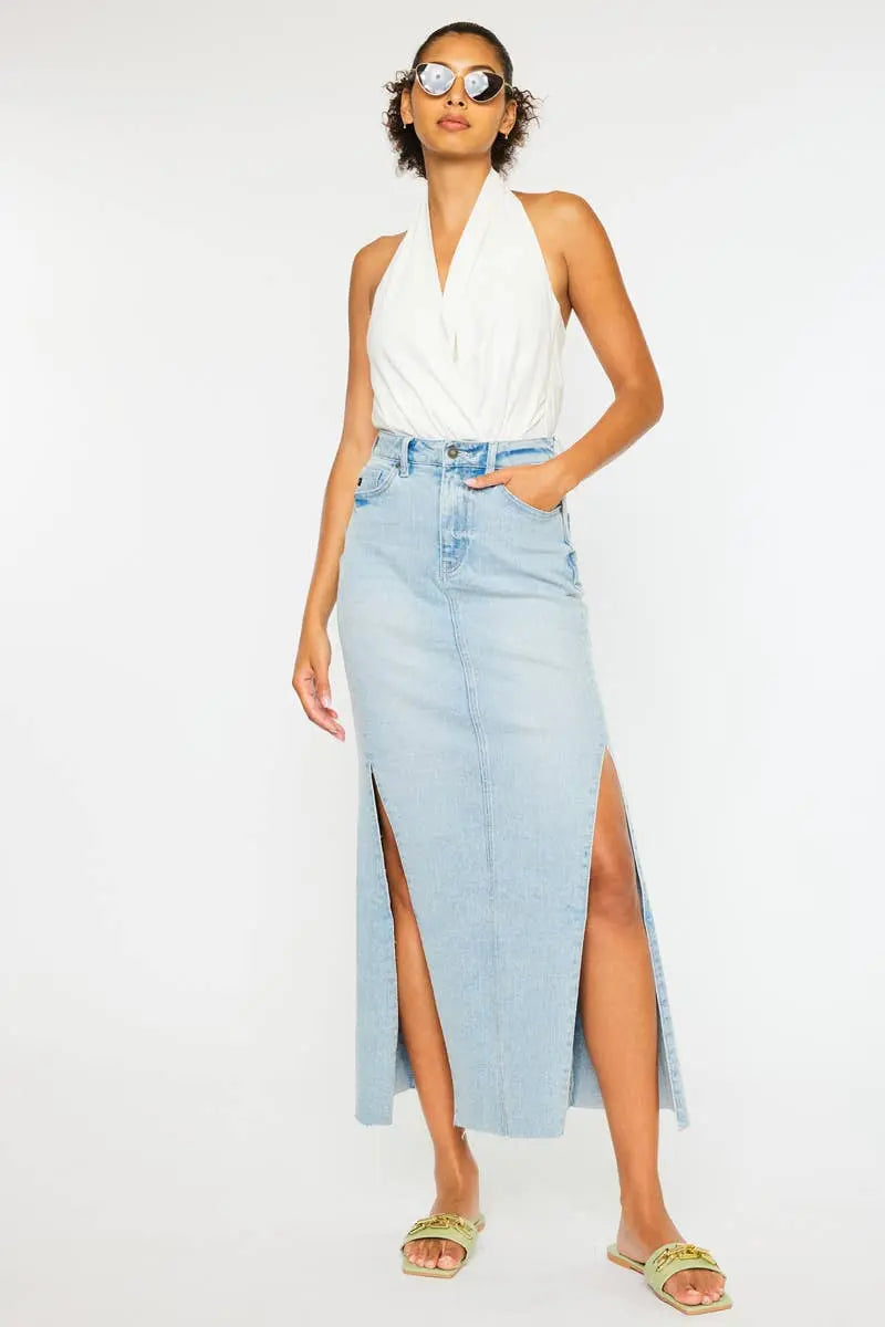 “Tess” Denim Maxi Skirt Kan Can USA