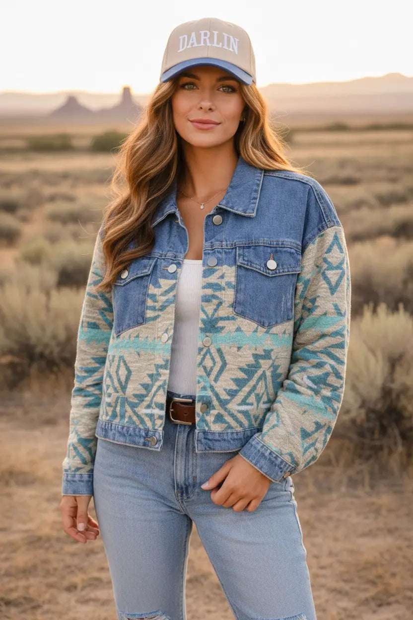 Turquoise Mesa Aztec Denim Jacket MontanaCo