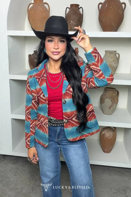 Turquoise Rust Aztec Western Blazer Jacket - Imperfectly Perfect Boutique