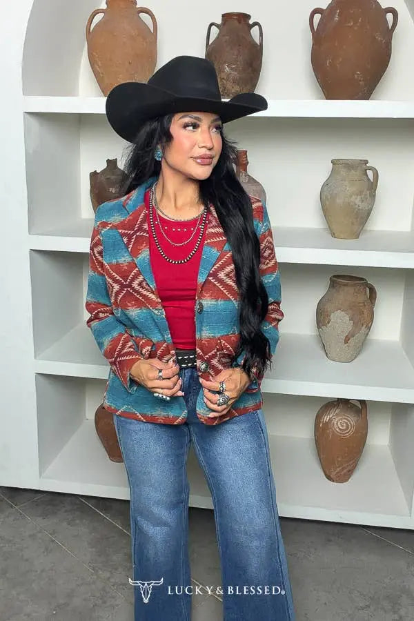 Turquoise Rust Aztec Western Blazer Jacket - Imperfectly Perfect Boutique