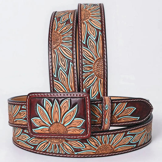 ADBLF273 Tooled Leather Western Belt - Oversized Sunflower Design with Turquoise Accents - Imperfectly Perfect Boutique