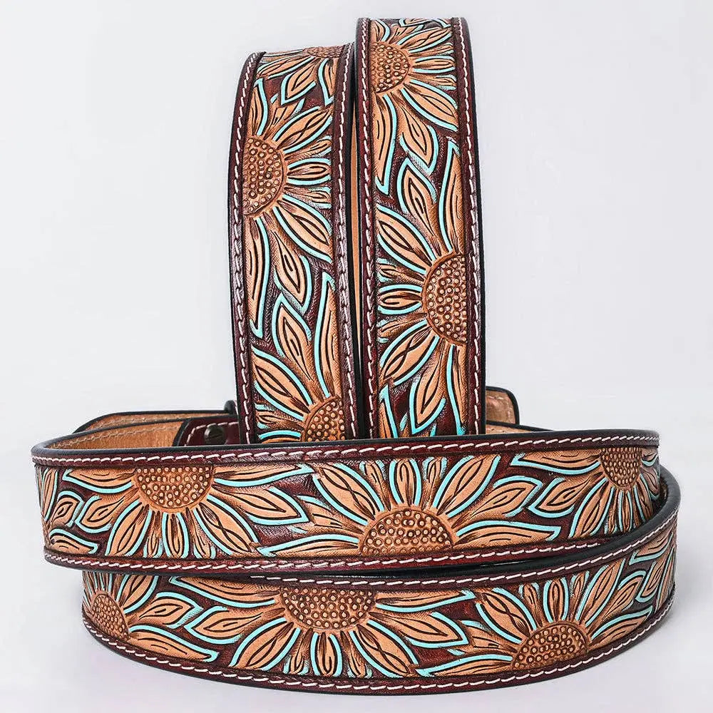 ADBLF273 Tooled Leather Western Belt - Oversized Sunflower Design with Turquoise Accents - Imperfectly Perfect Boutique