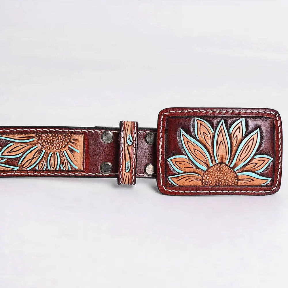 ADBLF273 Tooled Leather Western Belt - Oversized Sunflower Design with Turquoise Accents - Imperfectly Perfect Boutique