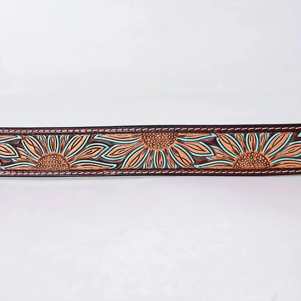 ADBLF273 Tooled Leather Western Belt - Oversized Sunflower Design with Turquoise Accents - Imperfectly Perfect Boutique