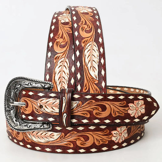 LC-ADBLF136 Tooled Leather Western Belt - Feather & Floral Carving with White Diamond Edge and Silver Buckle - Imperfectly Perfect Boutique
