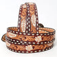 LC-ADBLF136 Tooled Leather Western Belt - Feather & Floral Carving with White Diamond Edge and Silver Buckle - Imperfectly Perfect Boutique