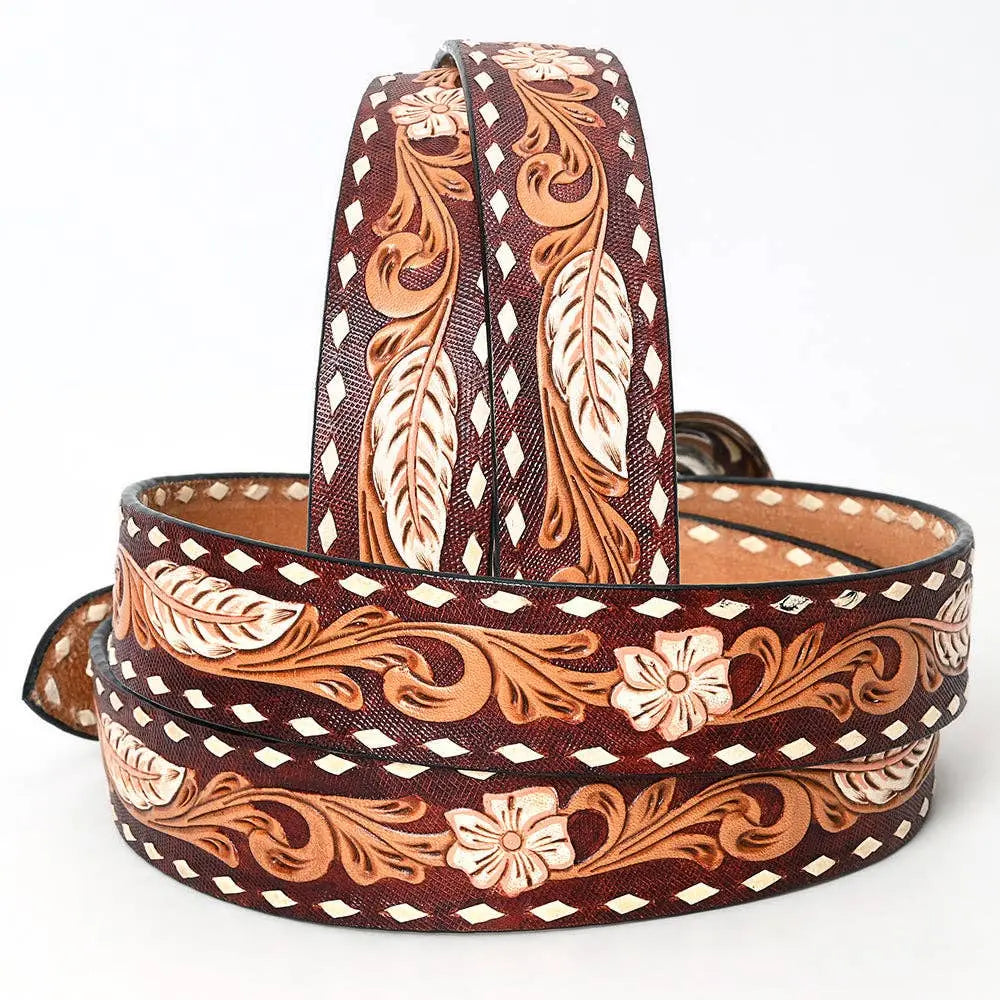 LC-ADBLF136 Tooled Leather Western Belt - Feather & Floral Carving with White Diamond Edge and Silver Buckle - Imperfectly Perfect Boutique