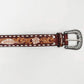 LC-ADBLF136 Tooled Leather Western Belt - Feather & Floral Carving with White Diamond Edge and Silver Buckle - Imperfectly Perfect Boutique