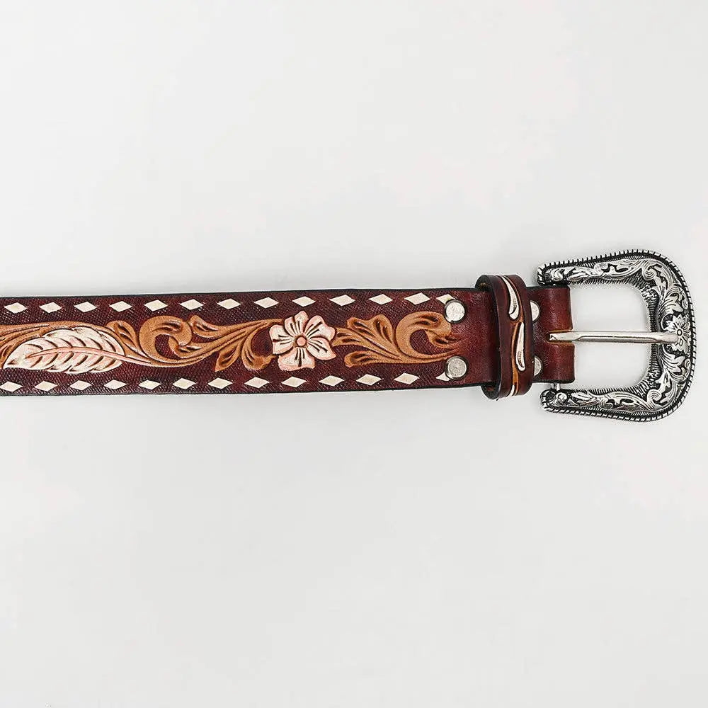 LC-ADBLF136 Tooled Leather Western Belt - Feather & Floral Carving with White Diamond Edge and Silver Buckle - Imperfectly Perfect Boutique