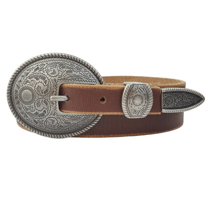 Vintage Skinny Leather Belt w.  antique silver floral buckle - Imperfectly Perfect Boutique