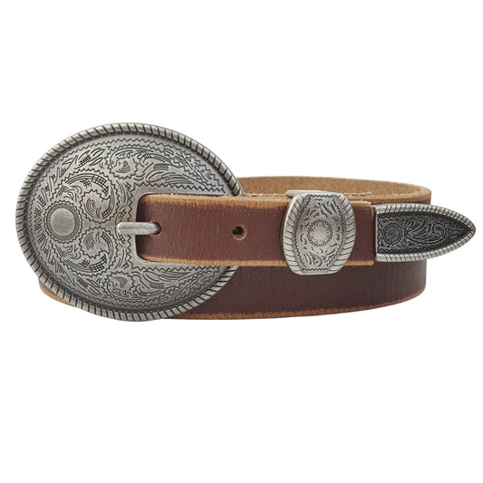 Vintage Skinny Leather Belt w.  antique silver floral buckle - Imperfectly Perfect Boutique