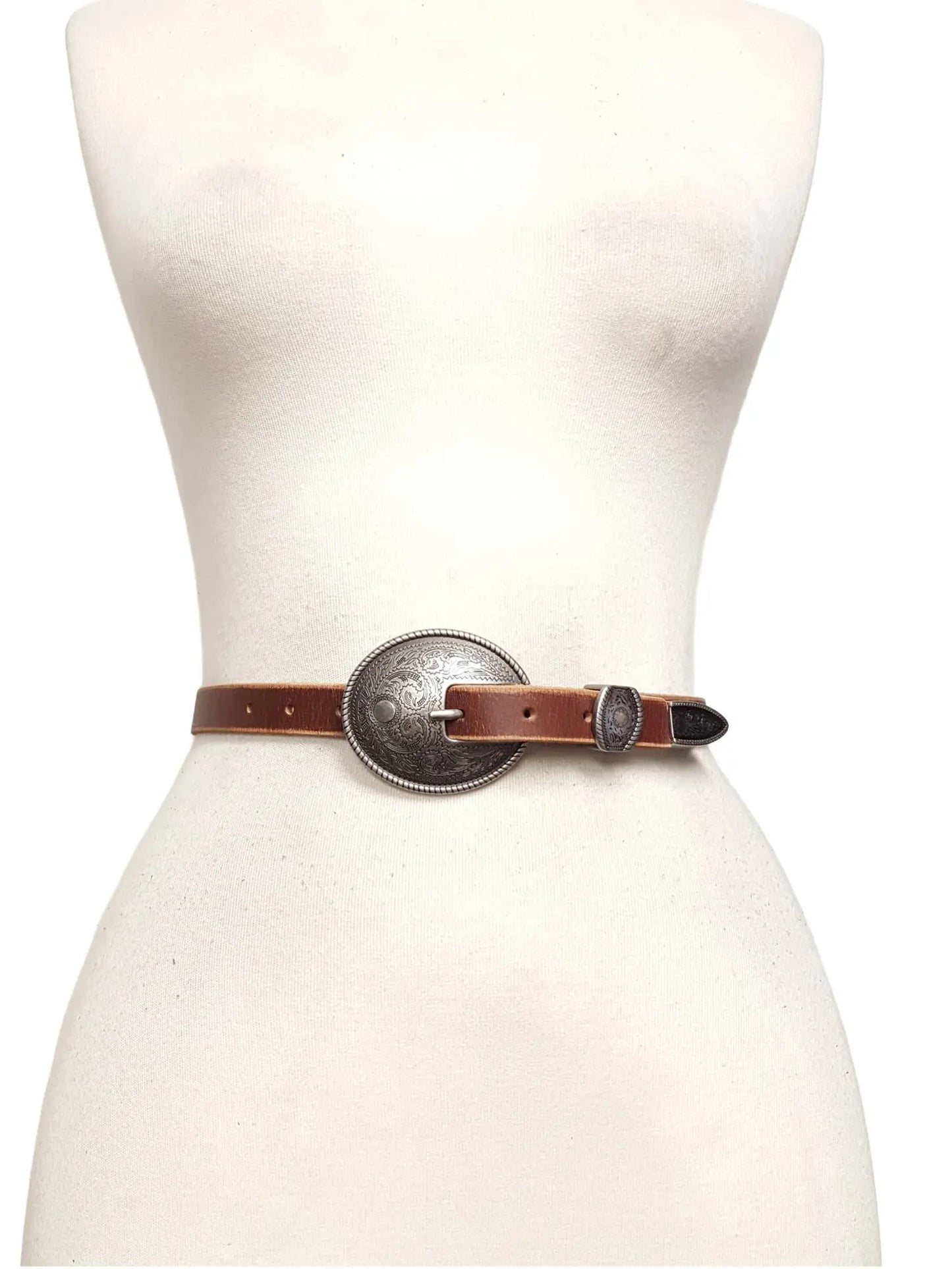 Vintage Skinny Leather Belt w.  antique silver floral buckle - Imperfectly Perfect Boutique
