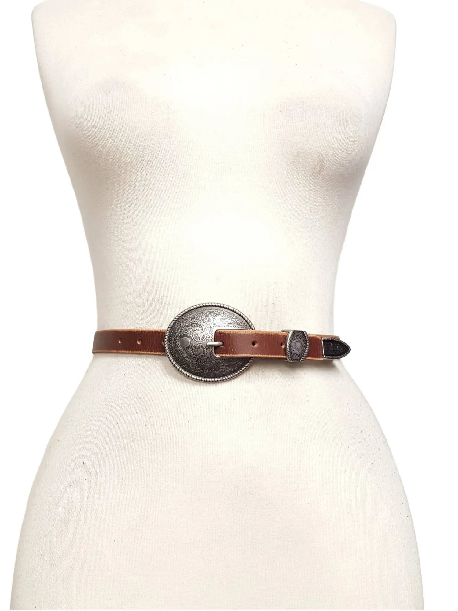 Vintage Skinny Leather Belt w.  antique silver floral buckle - Imperfectly Perfect Boutique