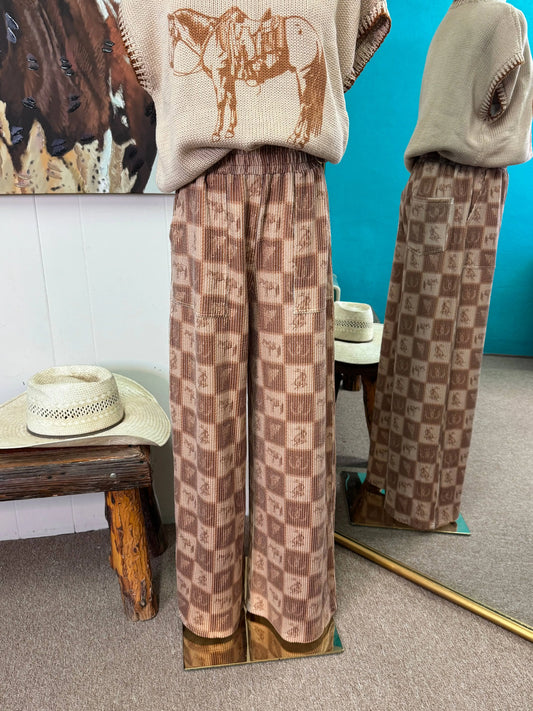 The Cozy Cowpony pants with brown check western print - Imperfectly Perfect Boutique