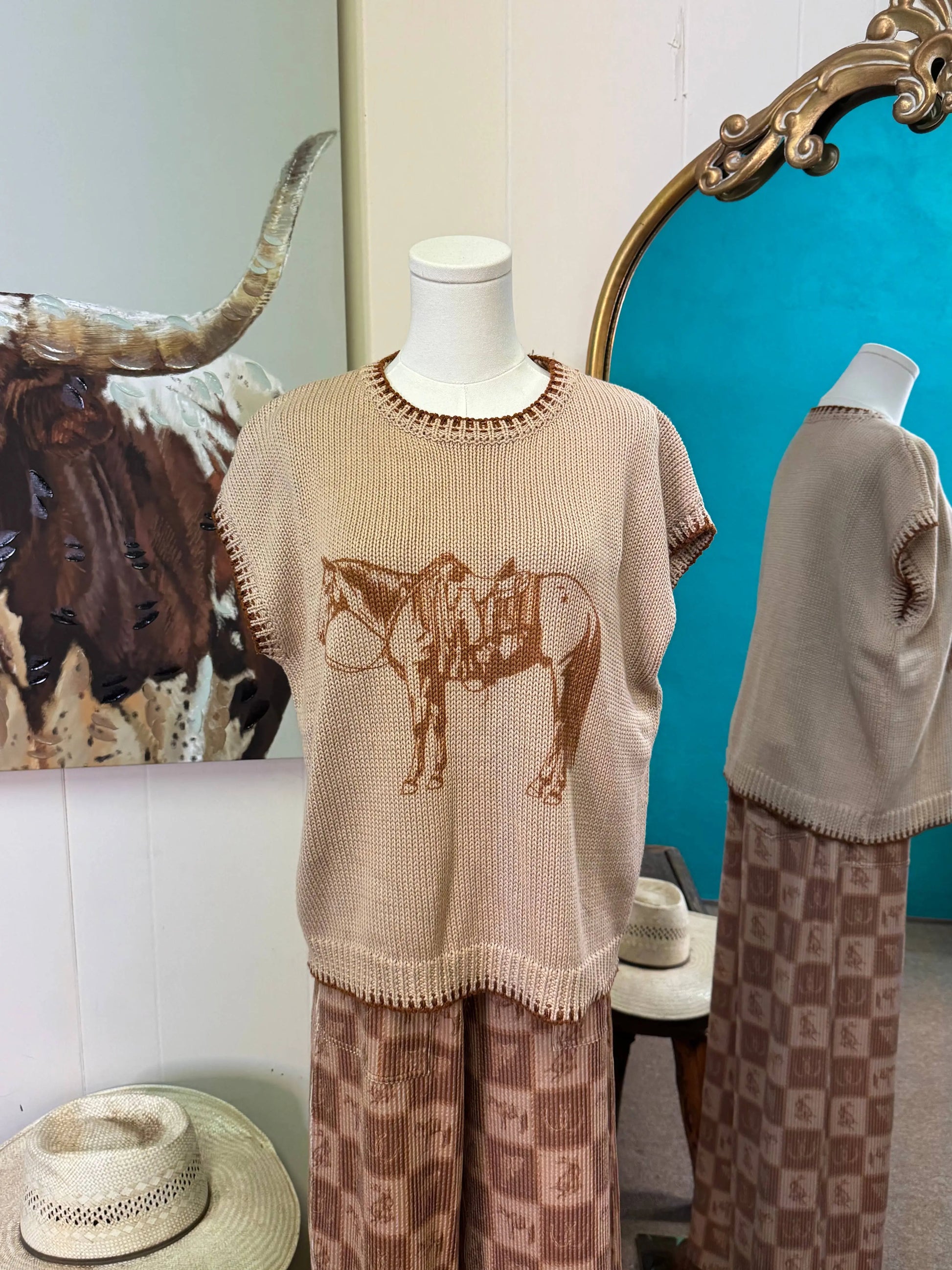 The Cowpony short sleeve printed sweater vest with trim - Imperfectly Perfect Boutique