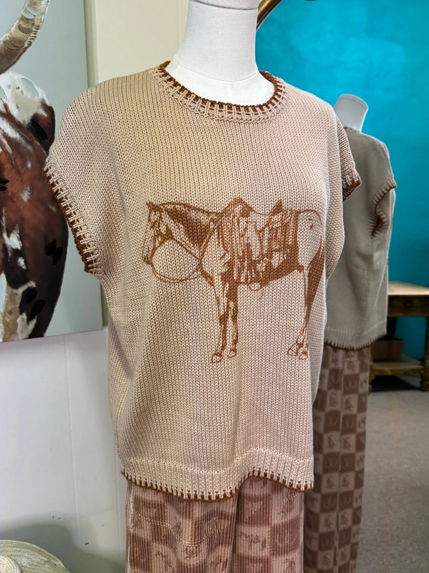 The Cowpony short sleeve printed sweater vest with trim - Imperfectly Perfect Boutique