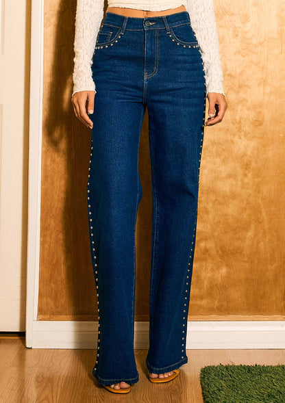 Women’s Dark Denim Western Wide Leg Jeans with Stud Details - Imperfectly Perfect Boutique