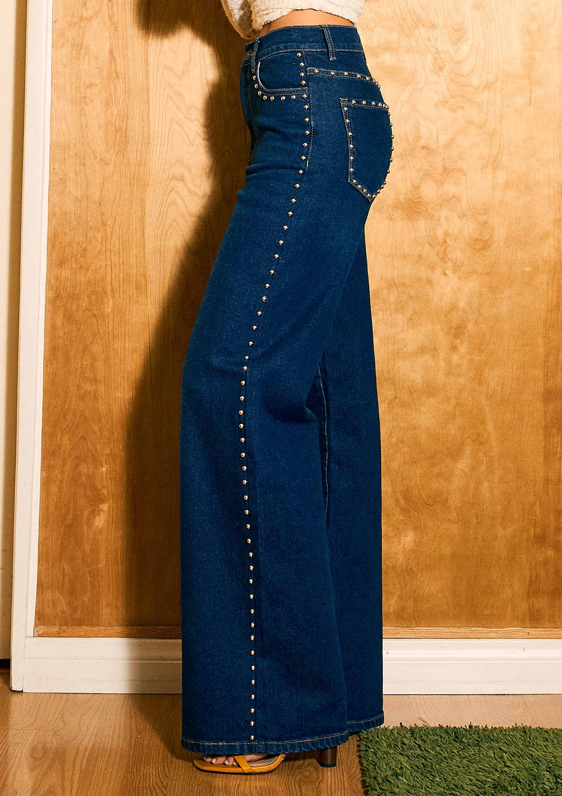 Women’s Dark Denim Western Wide Leg Jeans with Stud Details - Imperfectly Perfect Boutique
