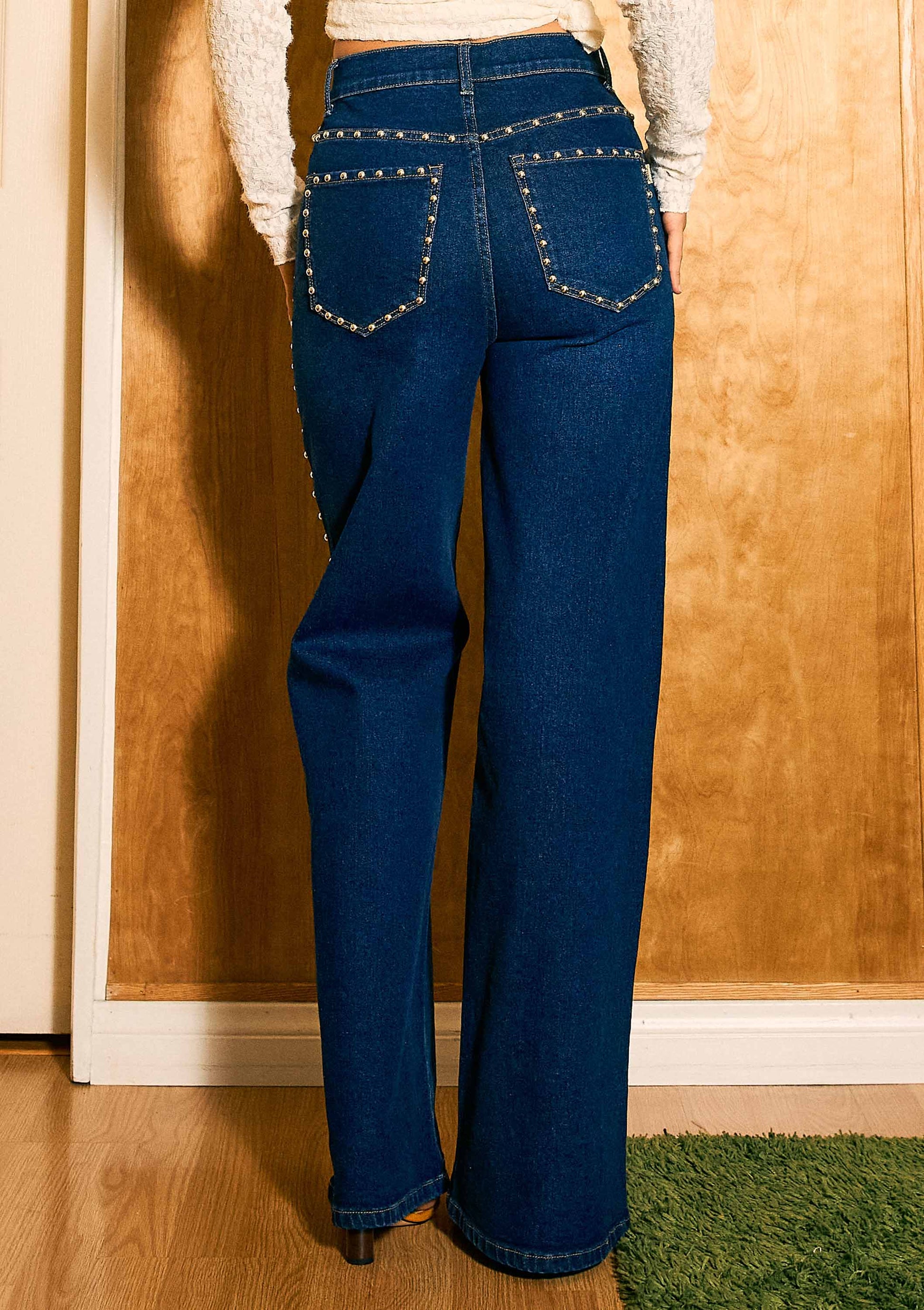 Women’s Dark Denim Western Wide Leg Jeans with Stud Details - Imperfectly Perfect Boutique
