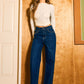 Women’s Dark Denim Western Wide Leg Jeans with Stud Details - Imperfectly Perfect Boutique