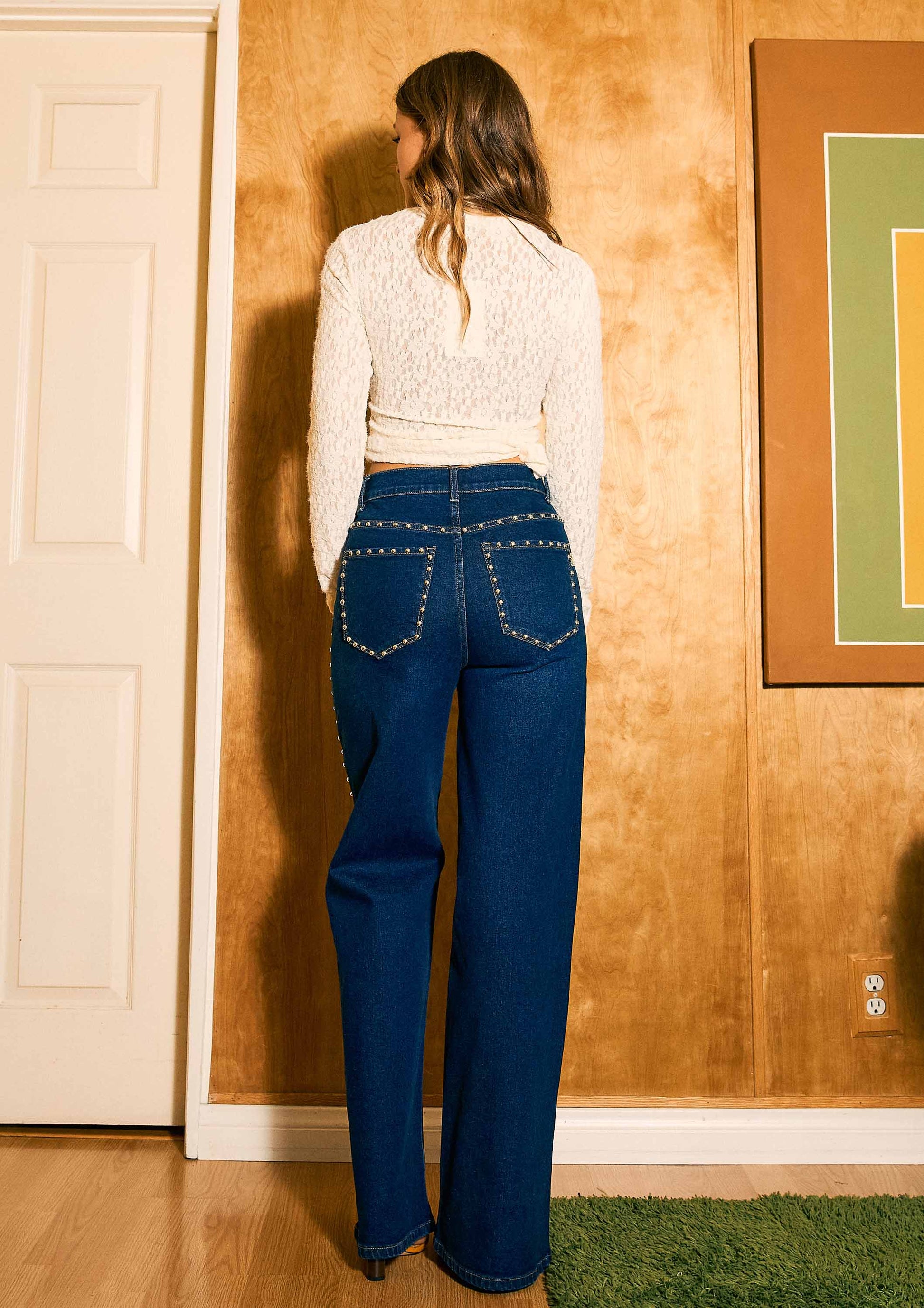 Women’s Dark Denim Western Wide Leg Jeans with Stud Details - Imperfectly Perfect Boutique