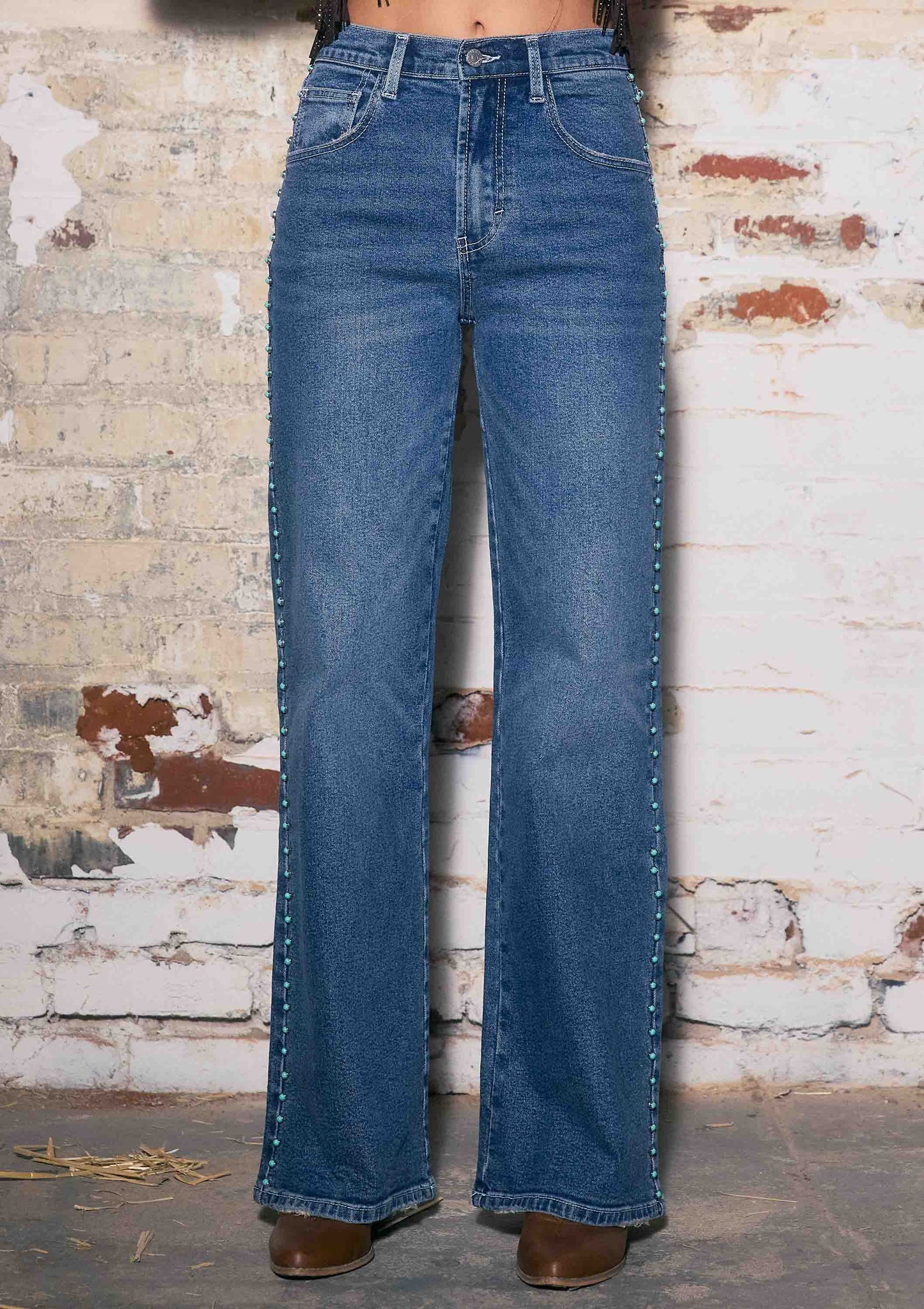 Women’s Western Wide Leg Jeans with Faux Turquoise Gemstone Detail - Imperfectly Perfect Boutique