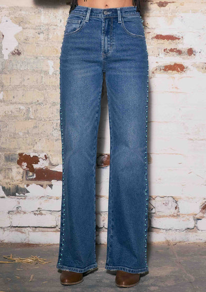 Women’s Western Wide Leg Jeans with Faux Turquoise Gemstone Detail - Imperfectly Perfect Boutique