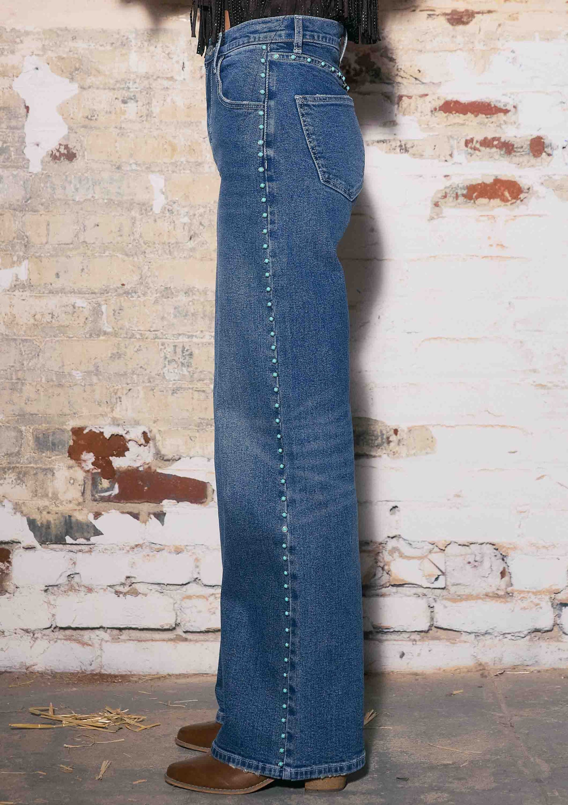 Women’s Western Wide Leg Jeans with Faux Turquoise Gemstone Detail - Imperfectly Perfect Boutique