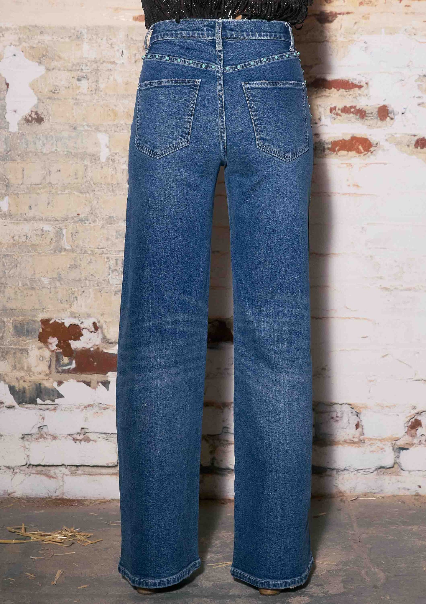 Women’s Western Wide Leg Jeans with Faux Turquoise Gemstone Detail - Imperfectly Perfect Boutique