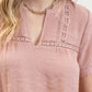 SHORT TAB SLEEVE SPLIT NECK  LACE TRIM BLOUSE - Imperfectly Perfect Boutique